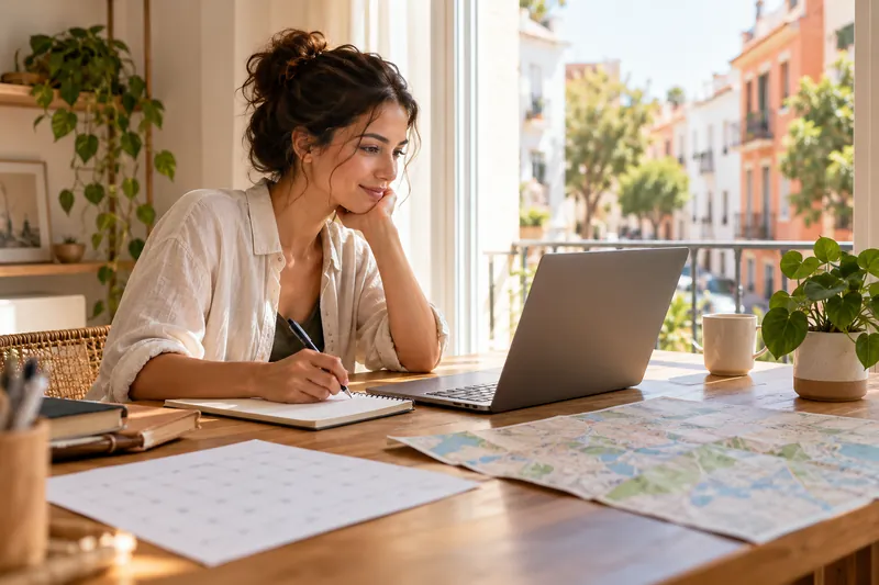 A founder at a home desk with a laptop, a notebook and a folded map