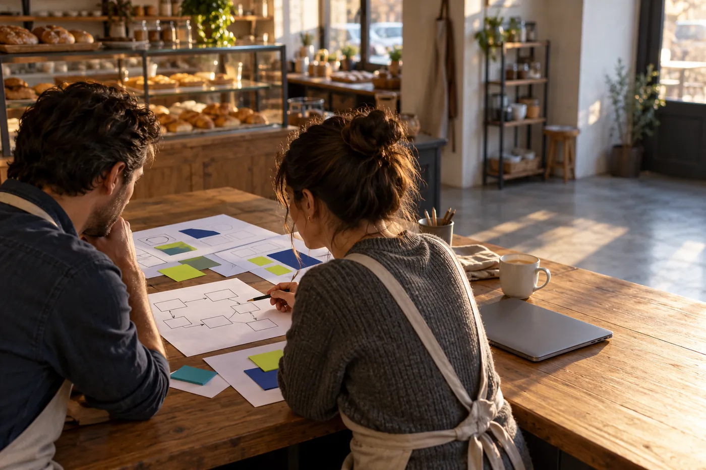 Two people at a café counter after closing, reviewing printed campaign plans
