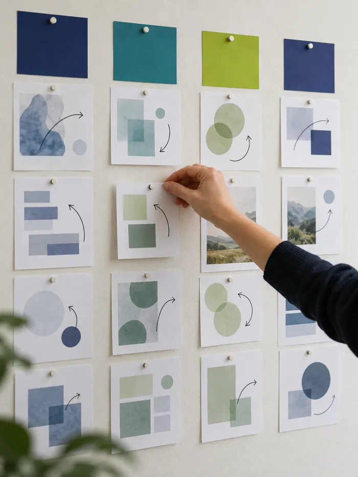 A planning wall with printed sheets pinned in four colour-coded columns