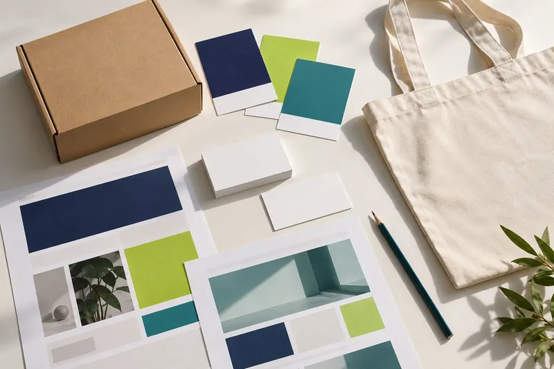 Flat lay of colour swatches, blank cards, a kraft box and page layouts